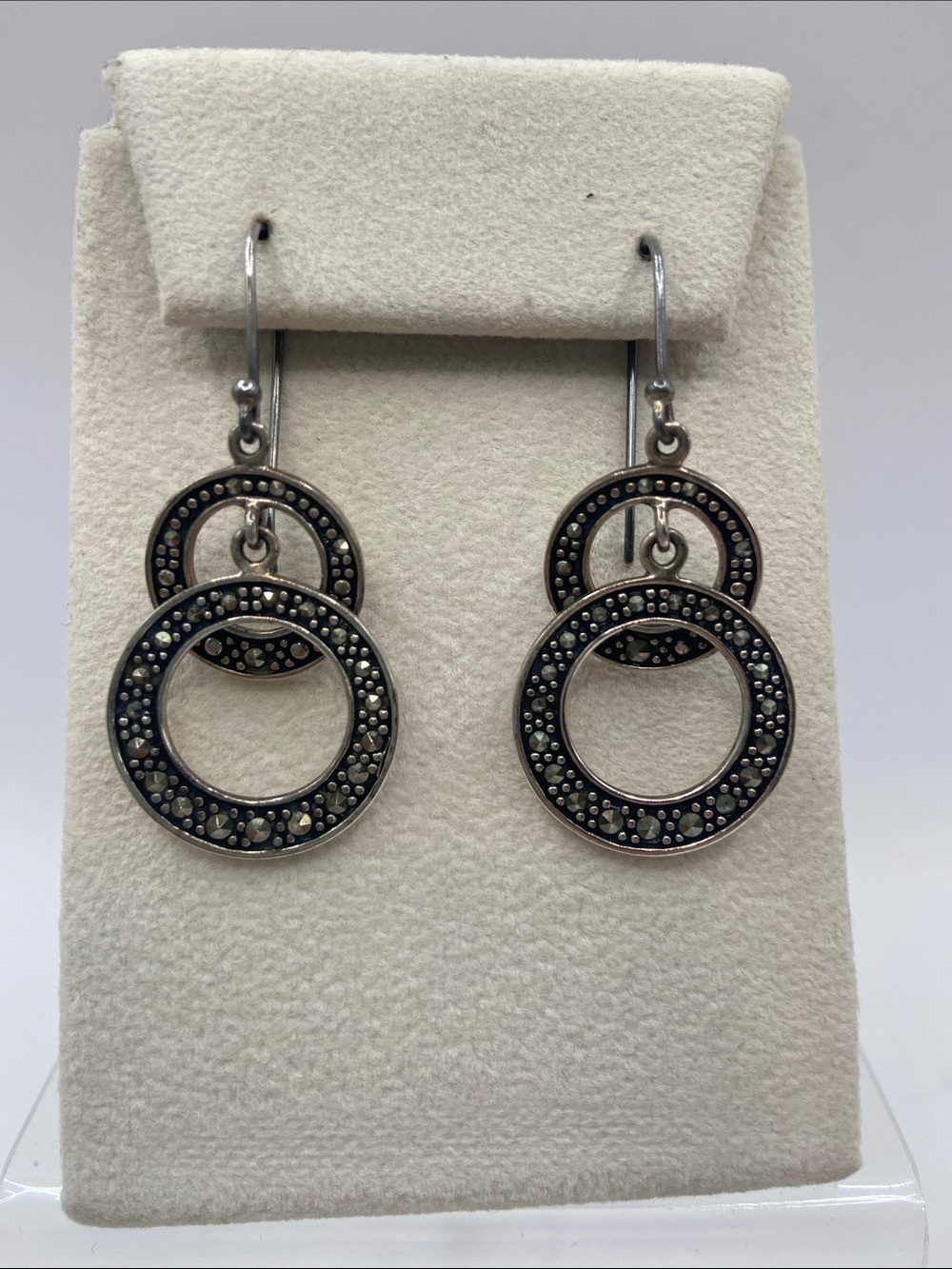 Suspicion Marcasite Sterling Silver 925 Double Hoop Dangle Earrings 2”L